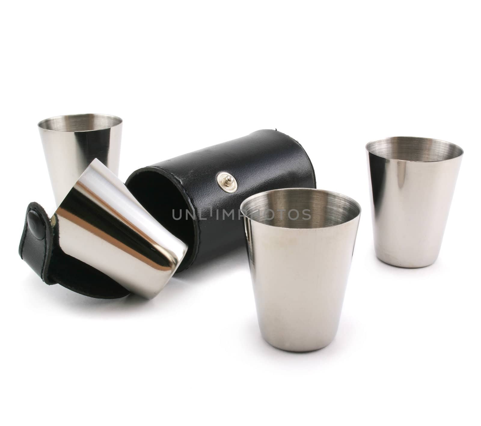 Silver cups and leather case isolated on a white back ground