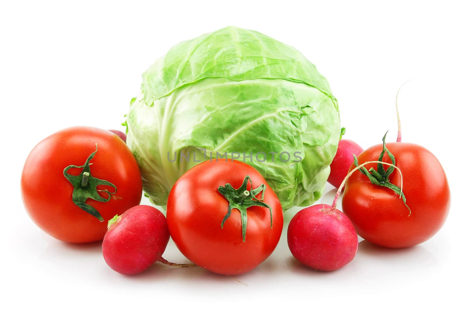 Ripe Cabbage, Radishes and Tomatoes Isolated on White Background