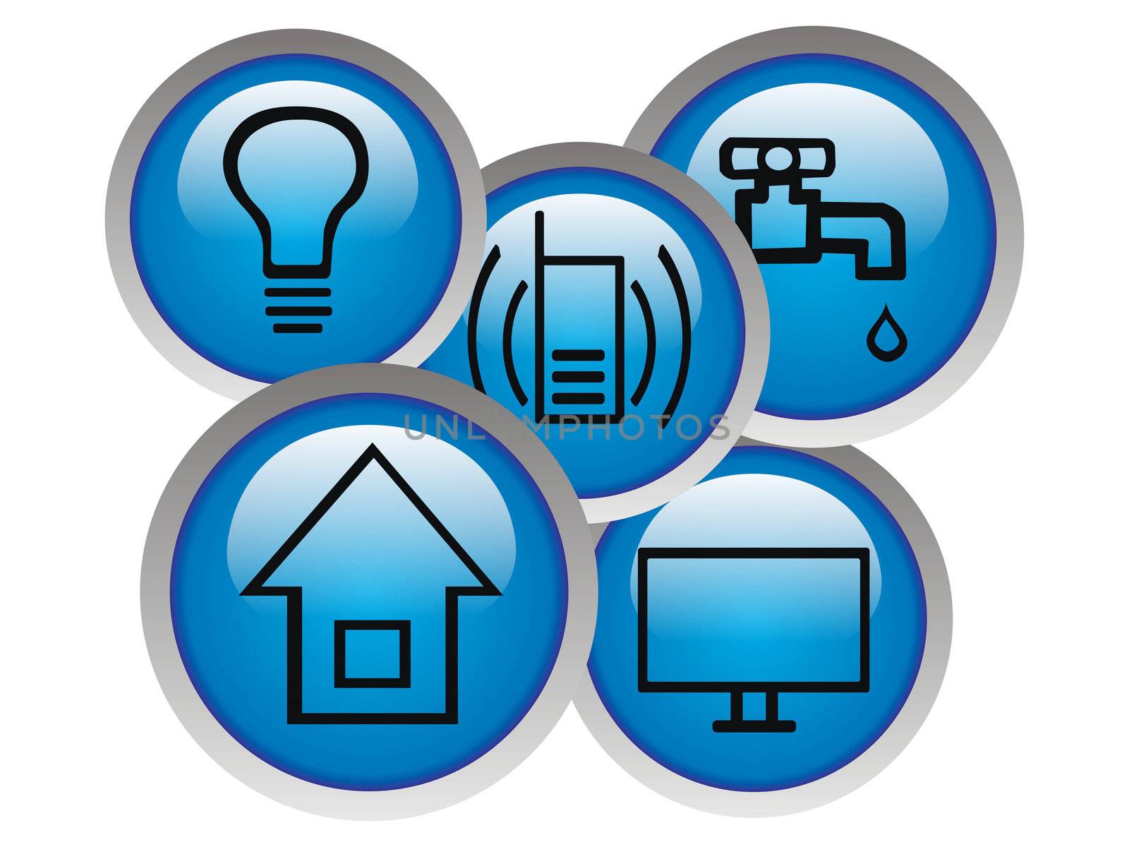 Monthly basic debts icon. Icons of light, water, phone, house and cable TV for basic monthly bills