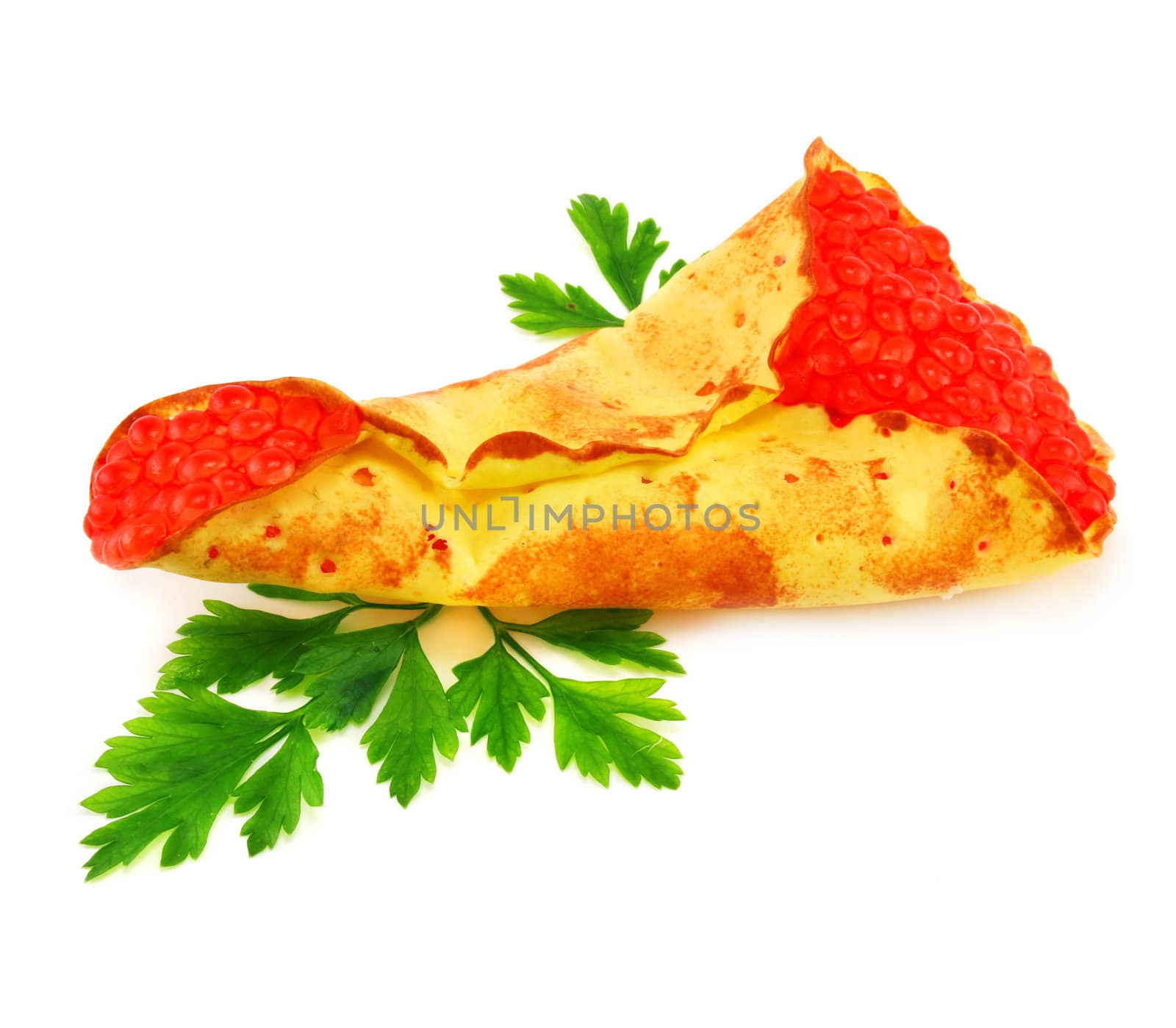 Caviar-stuffed pancake with greens isolated on a white background