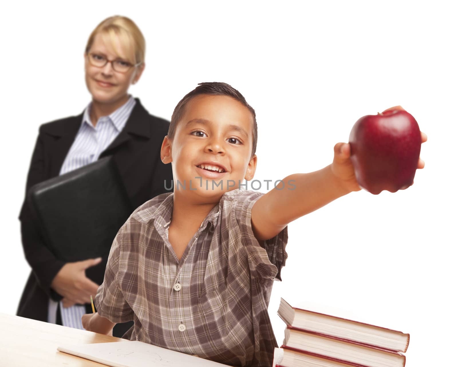 Hispanic Student Boy with Apple and Female Adult Behind. by Feverpitched