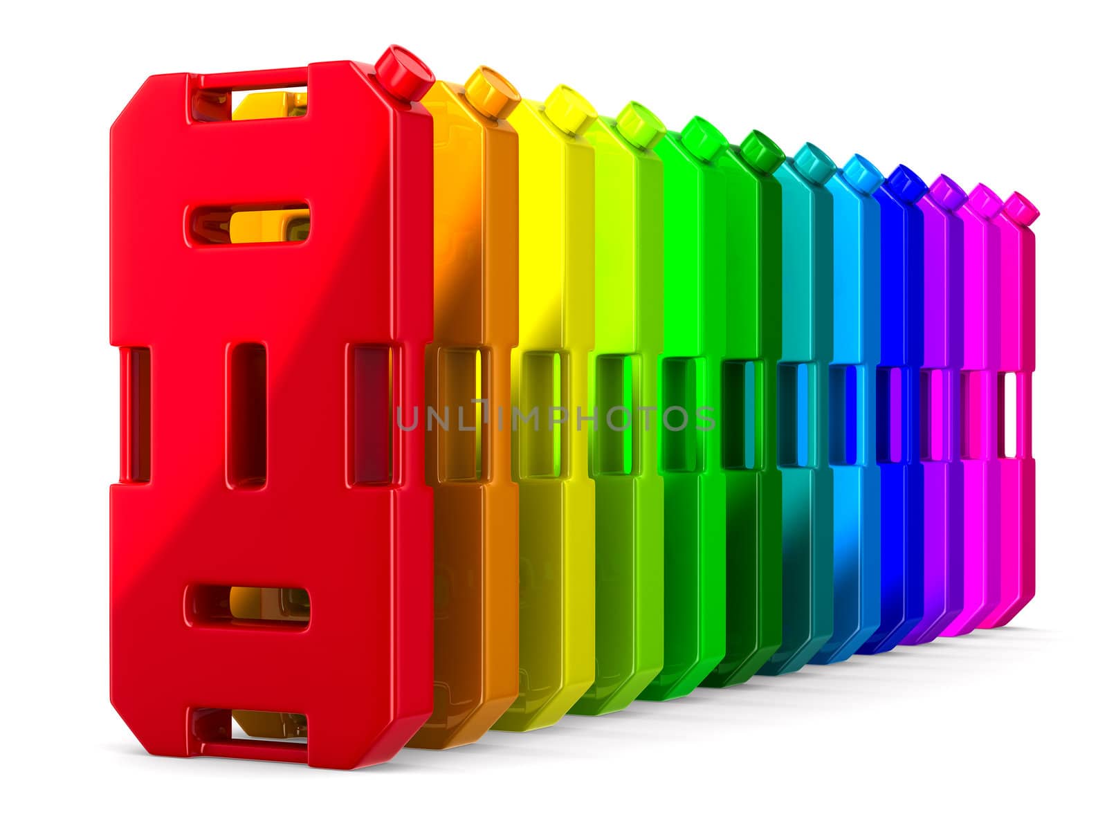 row colorful gasoline canisters on white background. Isolated 3D image