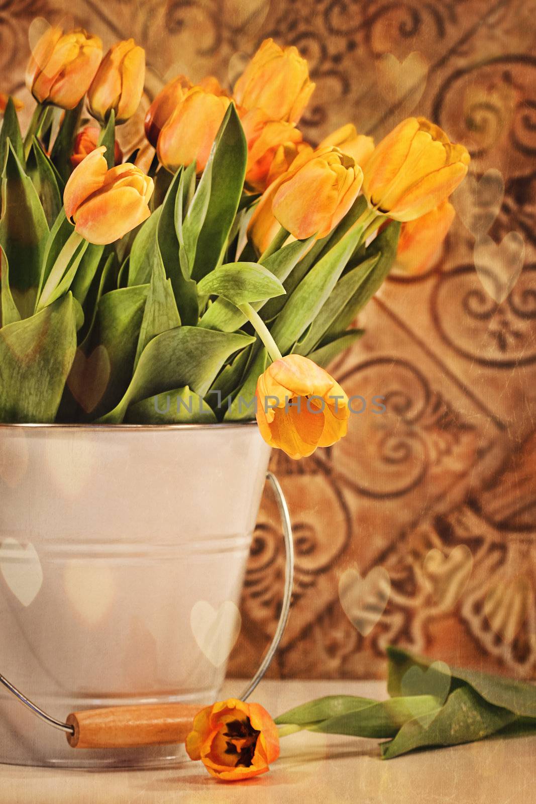 Yellow tulips with vintage grunge background