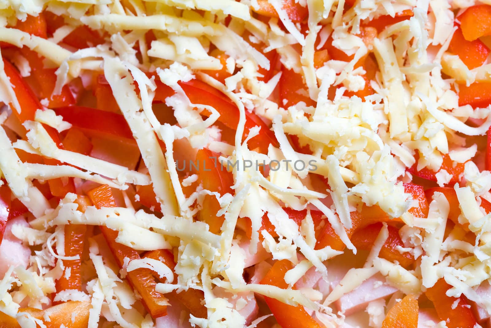 Stock photo: an image of a background of food: sausage, paprika and cheese
