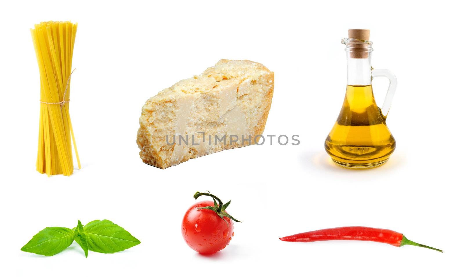 An image of pasta, cheese, oil, tomato, basil and pepper