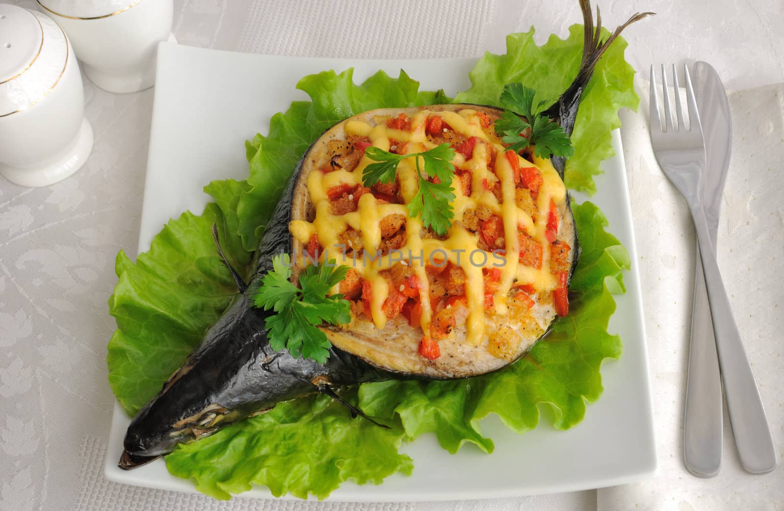 Mackerel stuffed with vegetables and cheese by Apolonia
