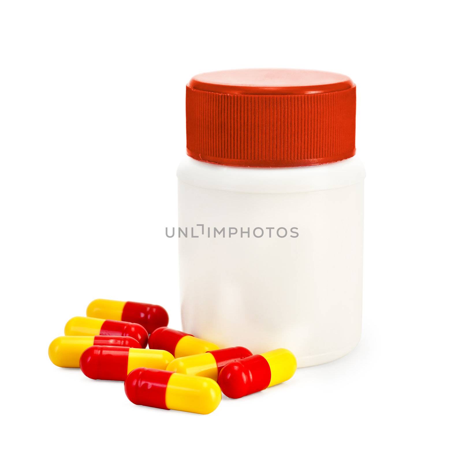 Capsule red and yellow, a jar with red cap isolated on white background