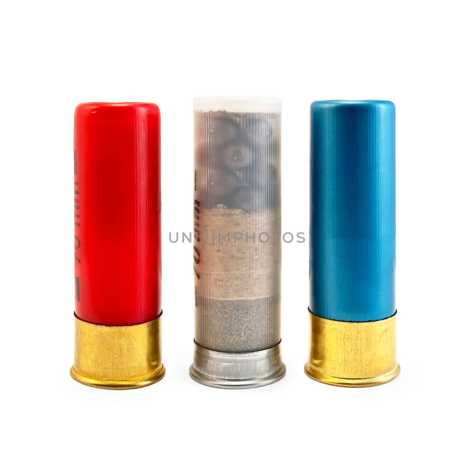 Three ammunitions for the shotgun, red, blue and white isolated on white background