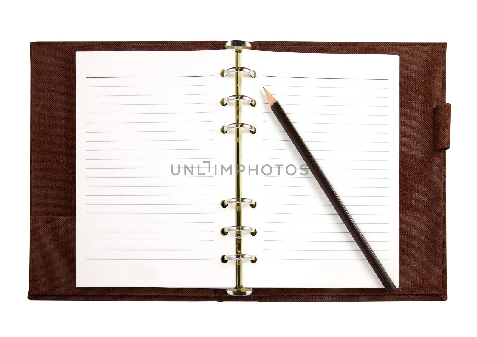 Brown canvas binder notebook with pencil isolated on white  by nuchylee