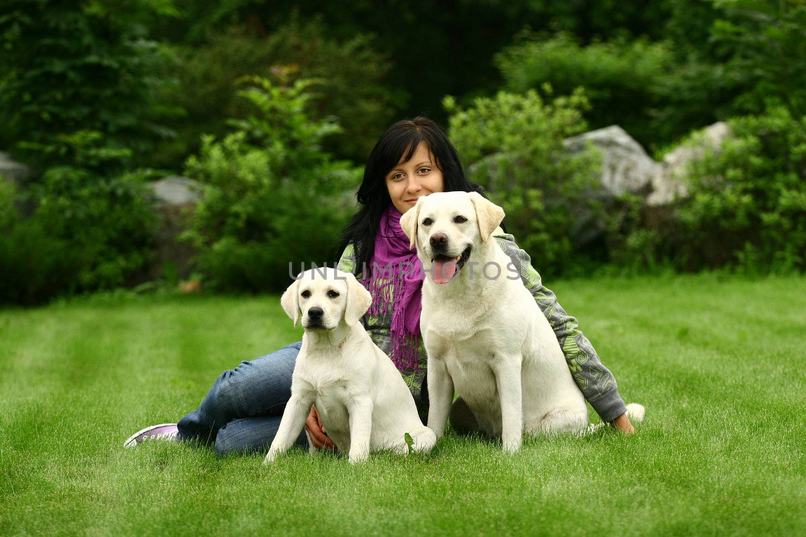 The girl sits on a green grass with two white dogs