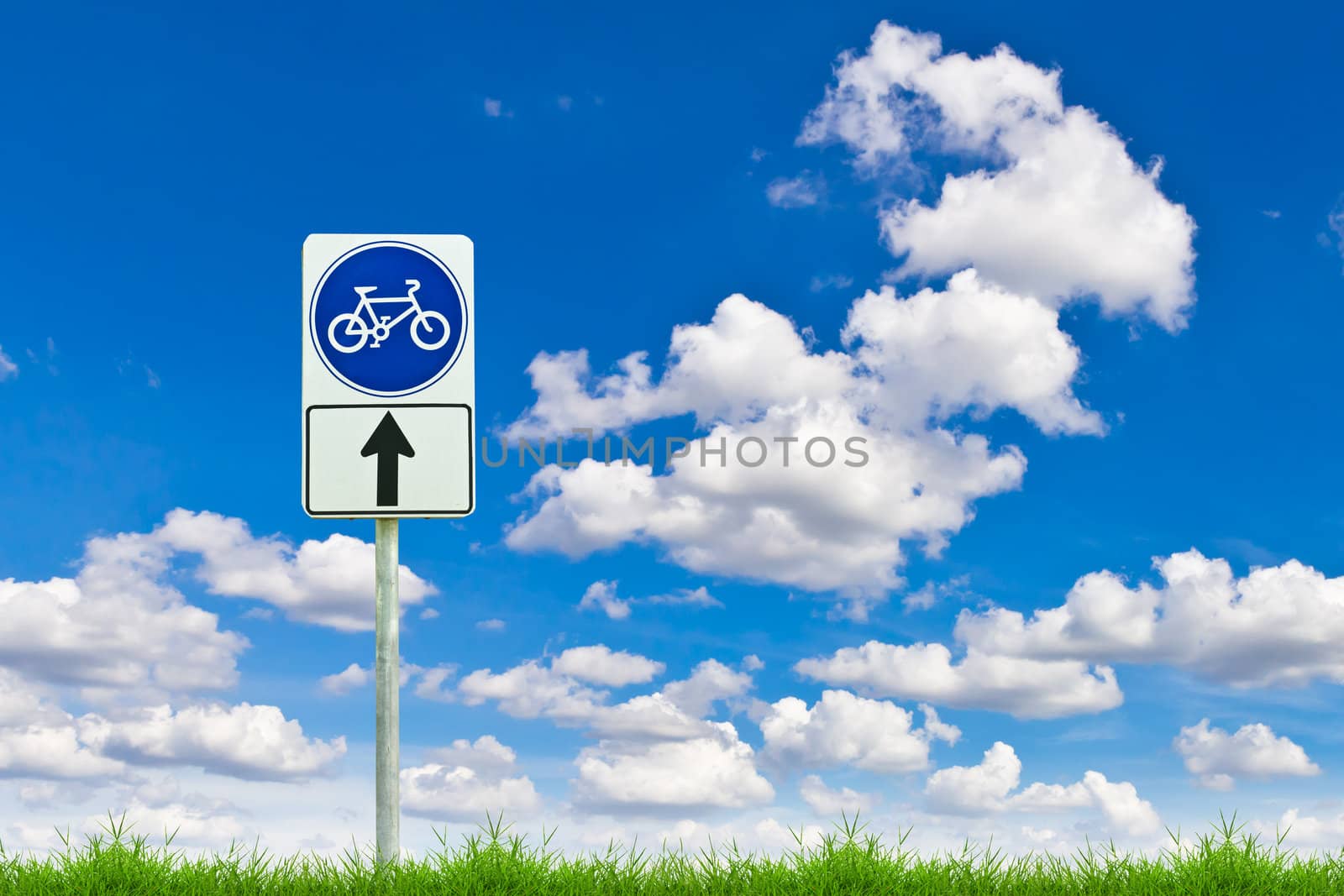 bicycle way sign on fresh spring green grass against blue sky by tungphoto