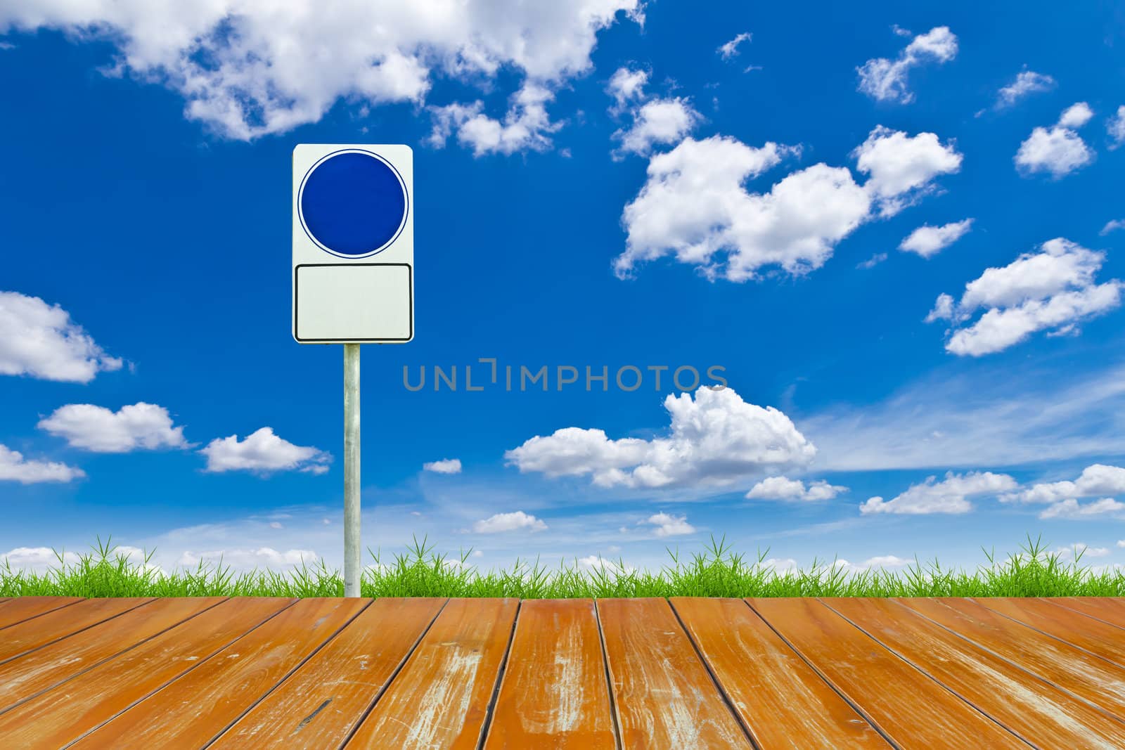 wood way and blank sign on blue sky by tungphoto
