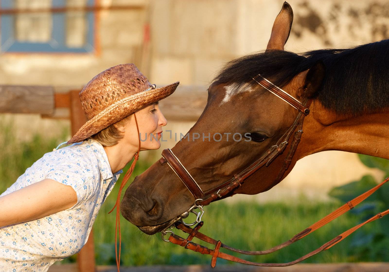 Woman in hat and horse face to face. Close-up portrate