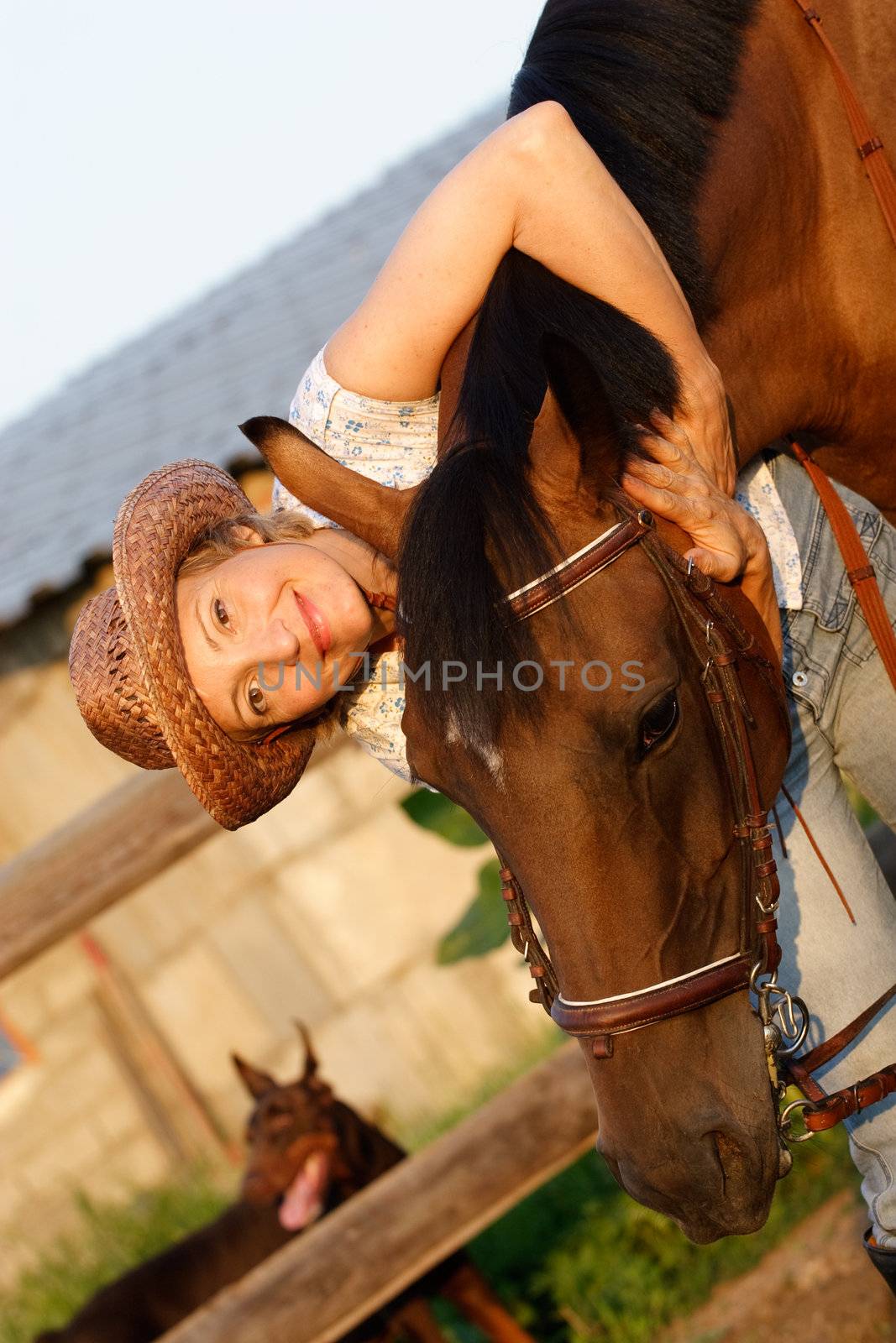 Woman in hat embrace brown horse by gsdonlin