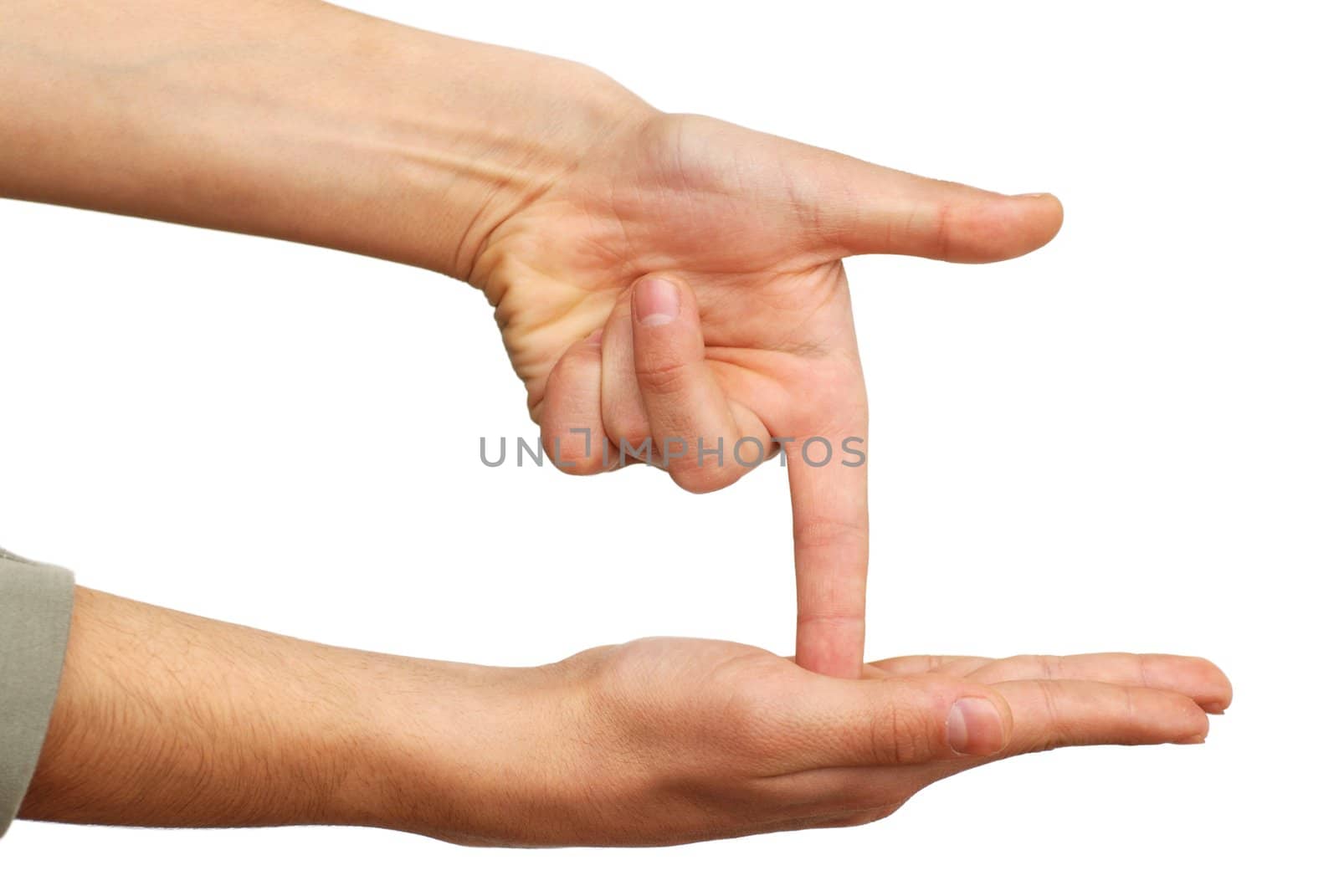 two isolated hands pointing down over white background