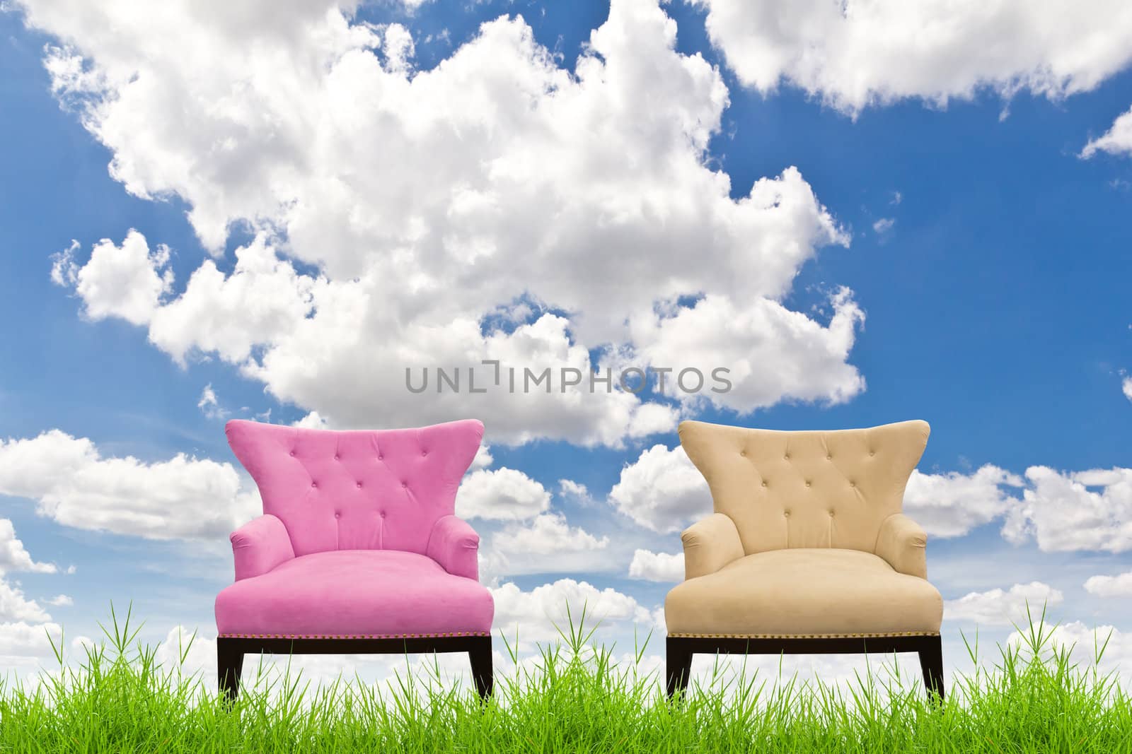 pink and cream sofa on green grass against blue sky