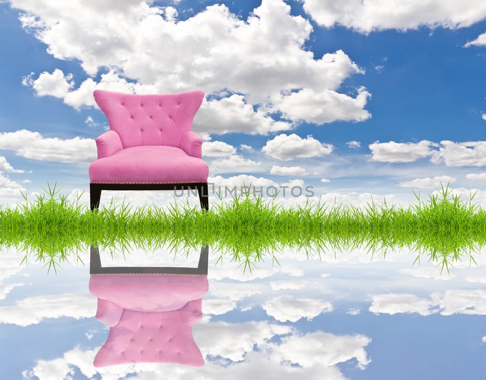pink sofa on green grass and blue sky by tungphoto
