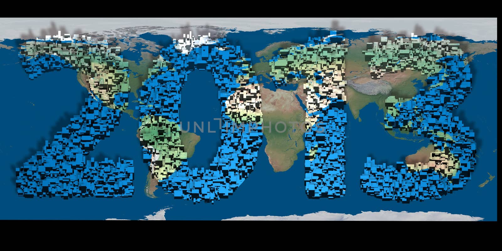 2013 new year modeled with tridimensional blocks over the world image