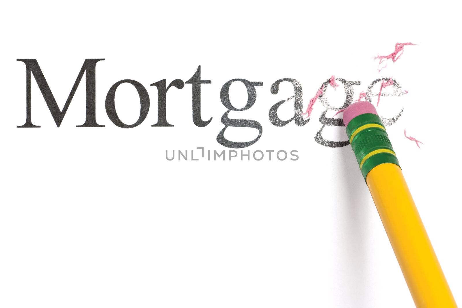 Close up of a yellow pencil erasing the word, 'Mortgage.' Isolated on white.