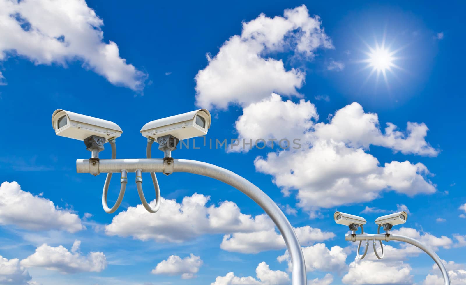 outdoor security cctv cameras against blue sky and sunshine