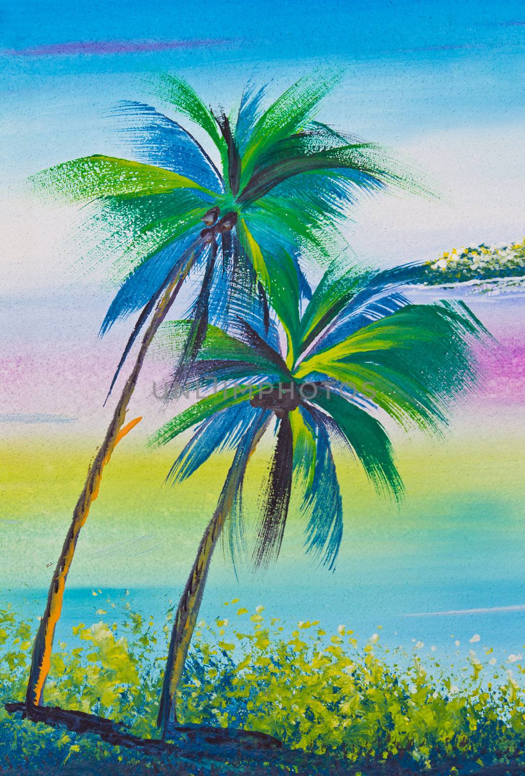 poster color drawing coconut tree and sea by tungphoto