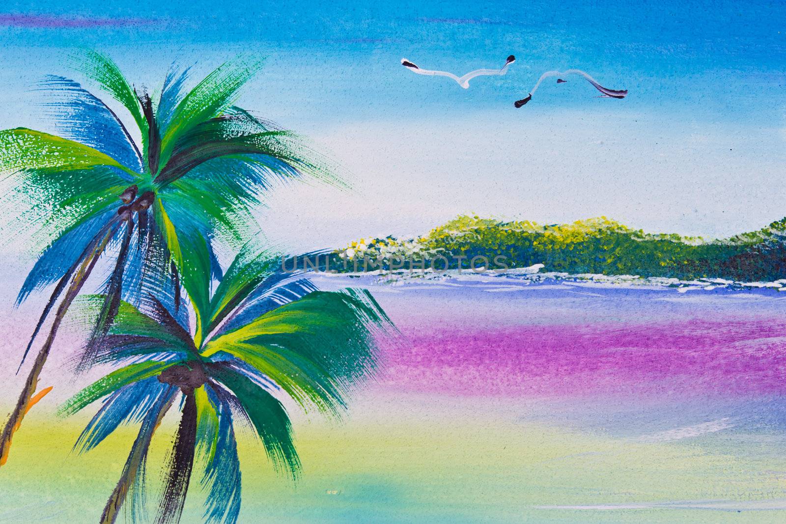 poster color drawing coconut tree and sea by tungphoto