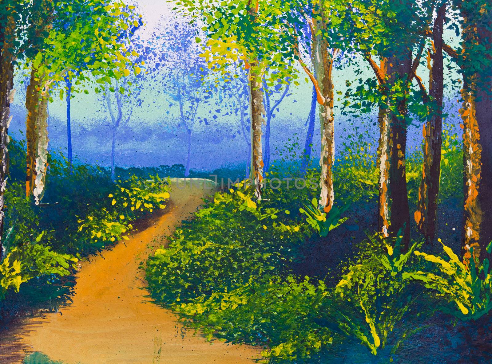 poster color drawing walk way in forest by tungphoto