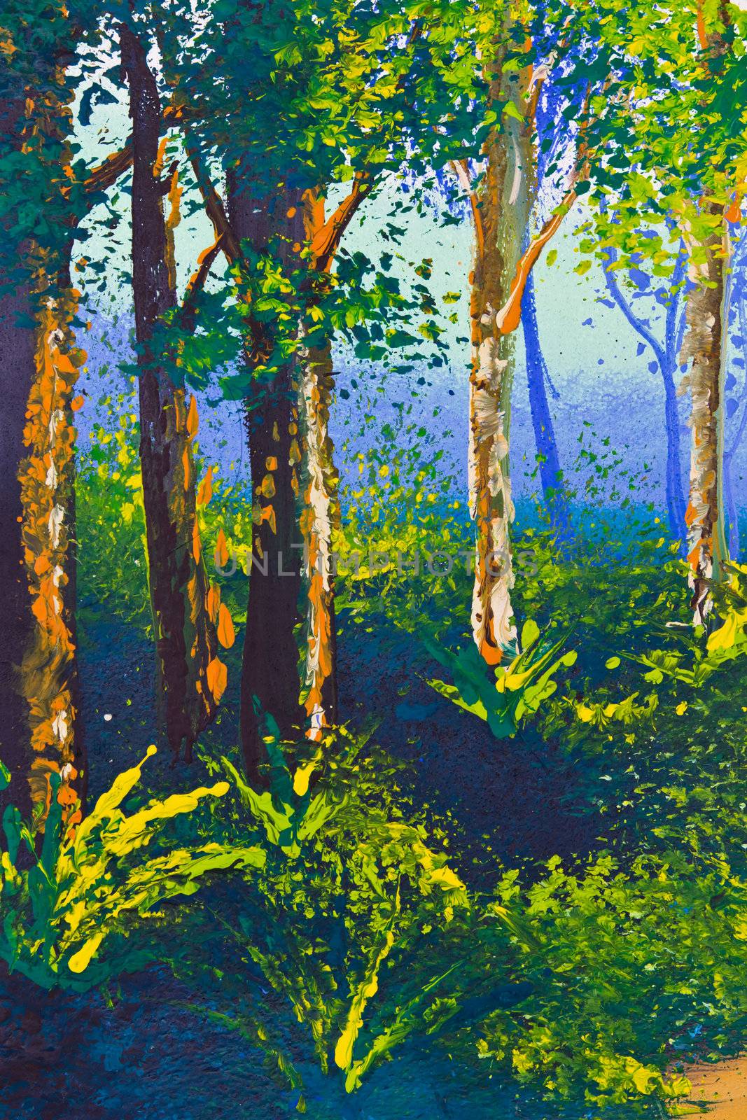 poster color drawing tree in forest