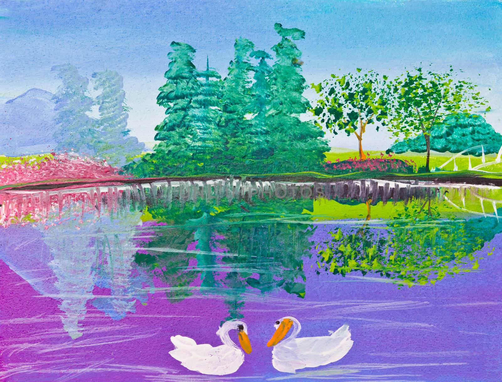 poster color drawing reflection of forest and swan