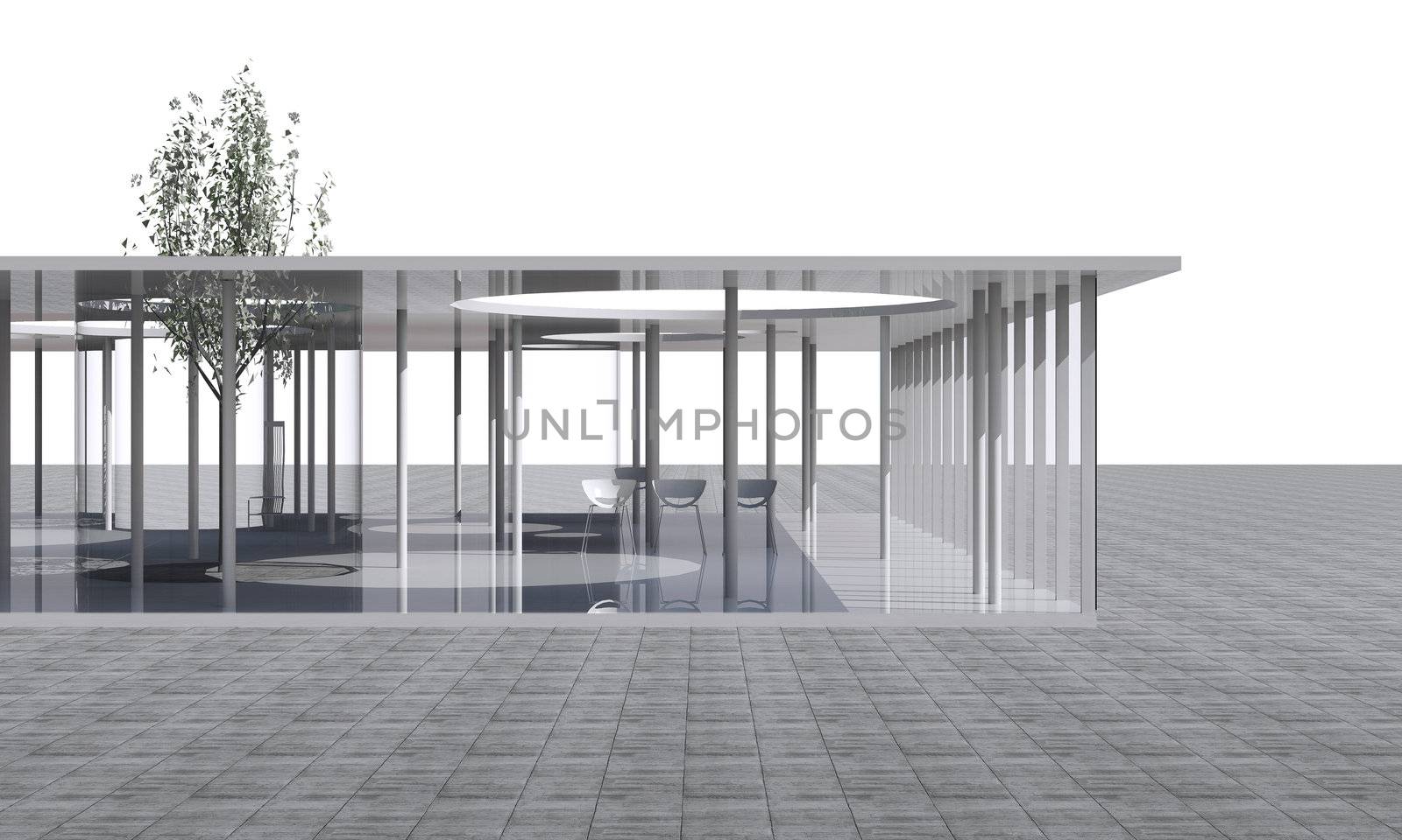 Futuristic Architecture, Conceptual modern building with clear glass and columns on white background