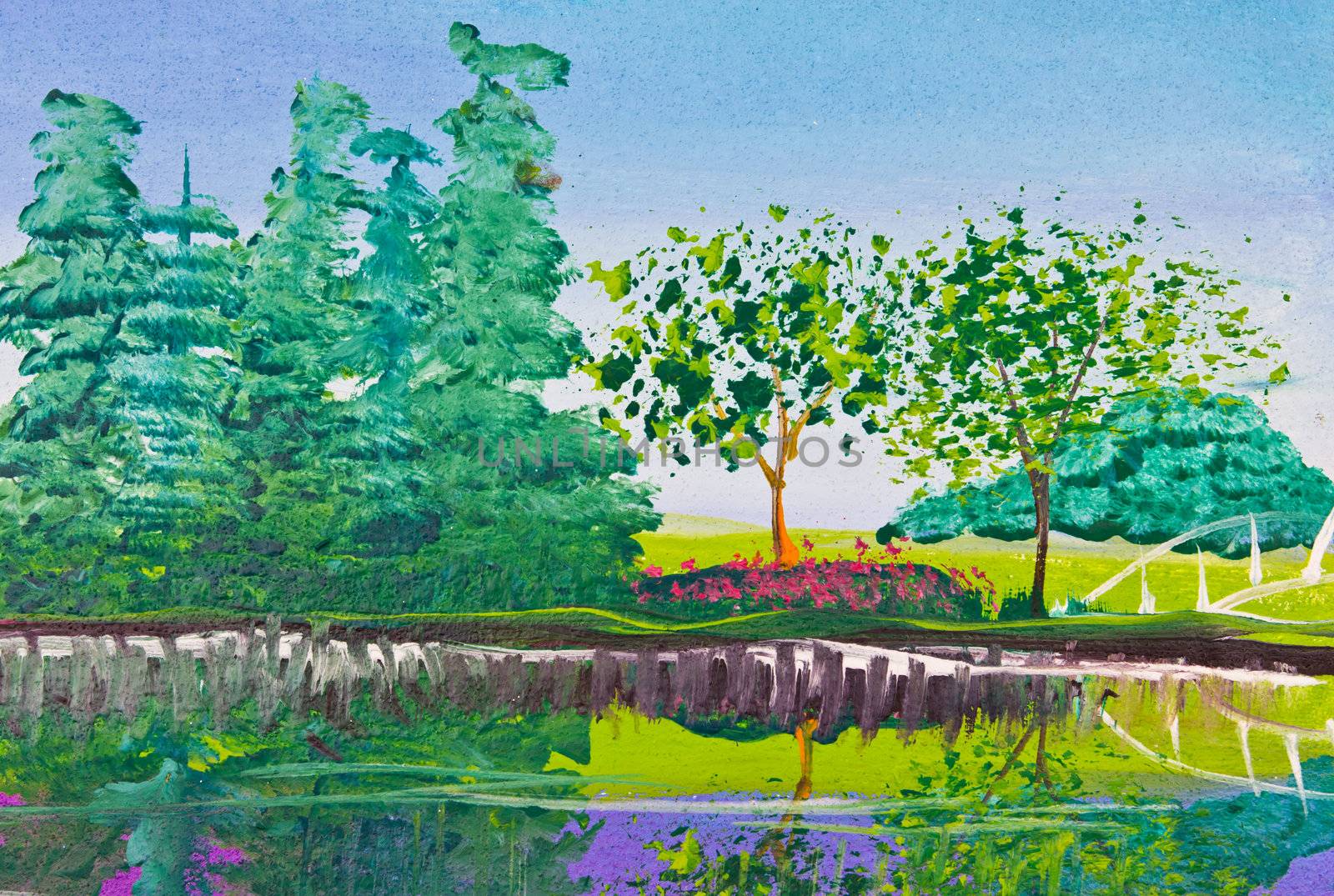 poster color drawing tree and reflection in water