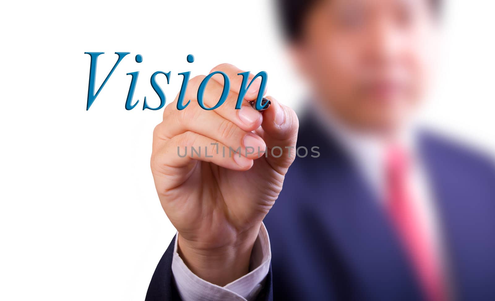 business man writing vision word