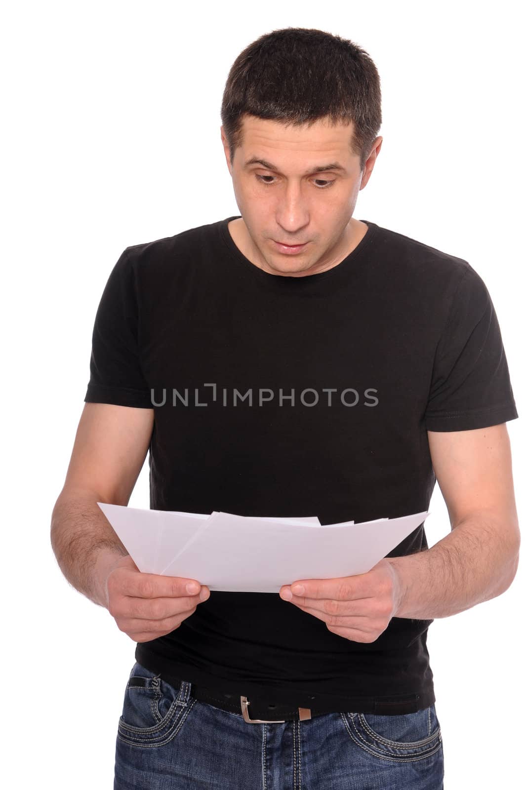 surprised by a man reading documents isolated on white background