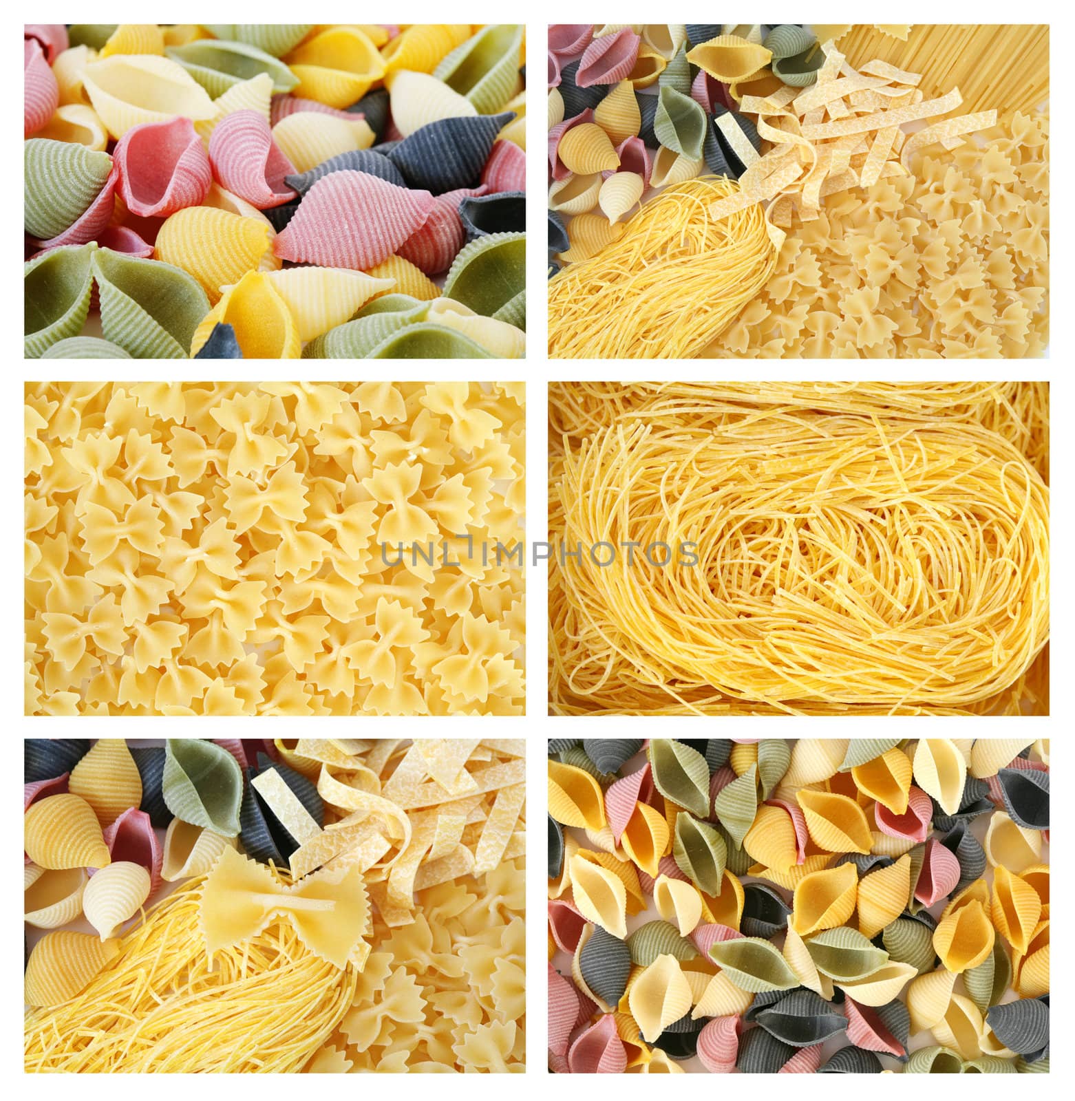 An image of set of various pasta of different colors