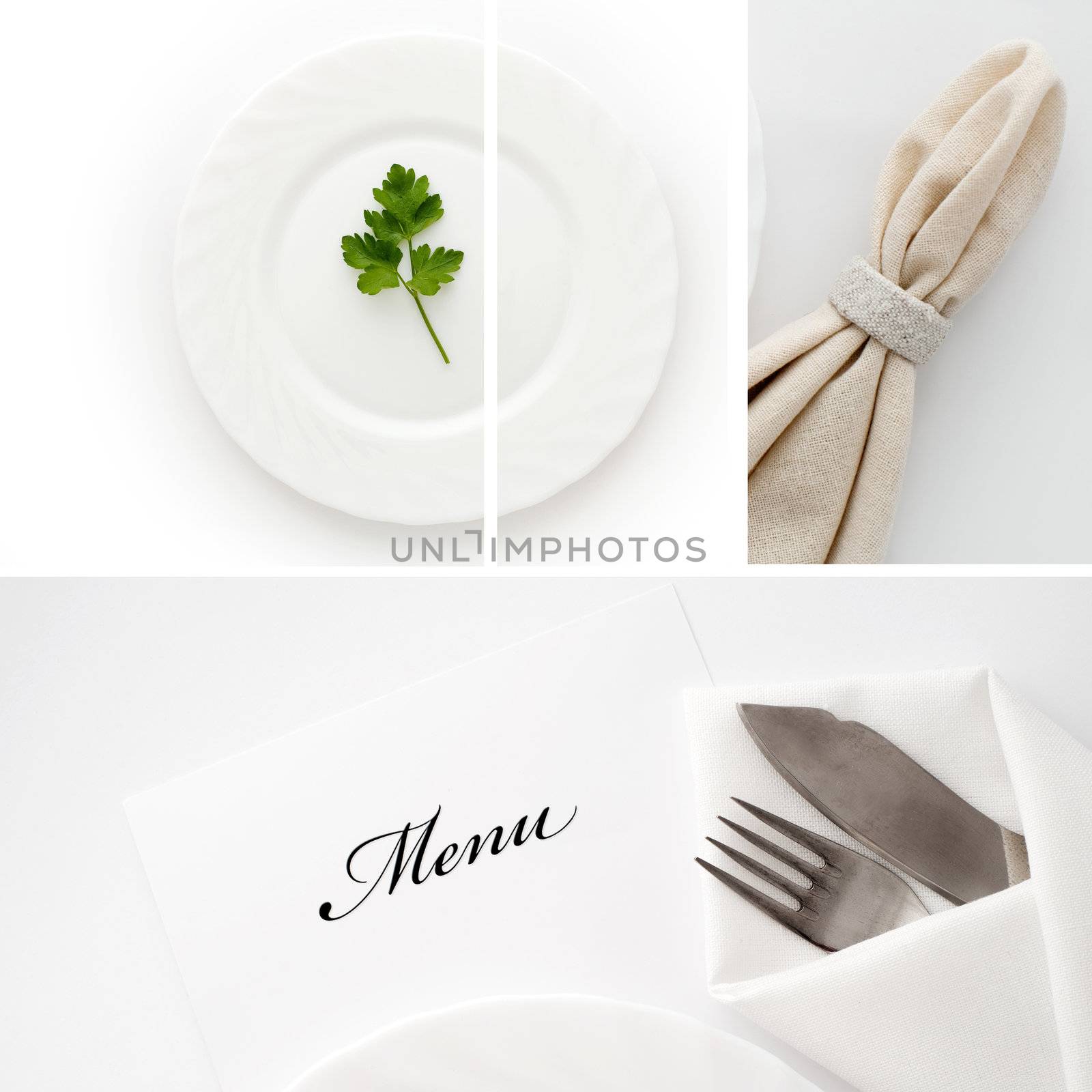 An image of a plate with parsley, napkin and silverwear 