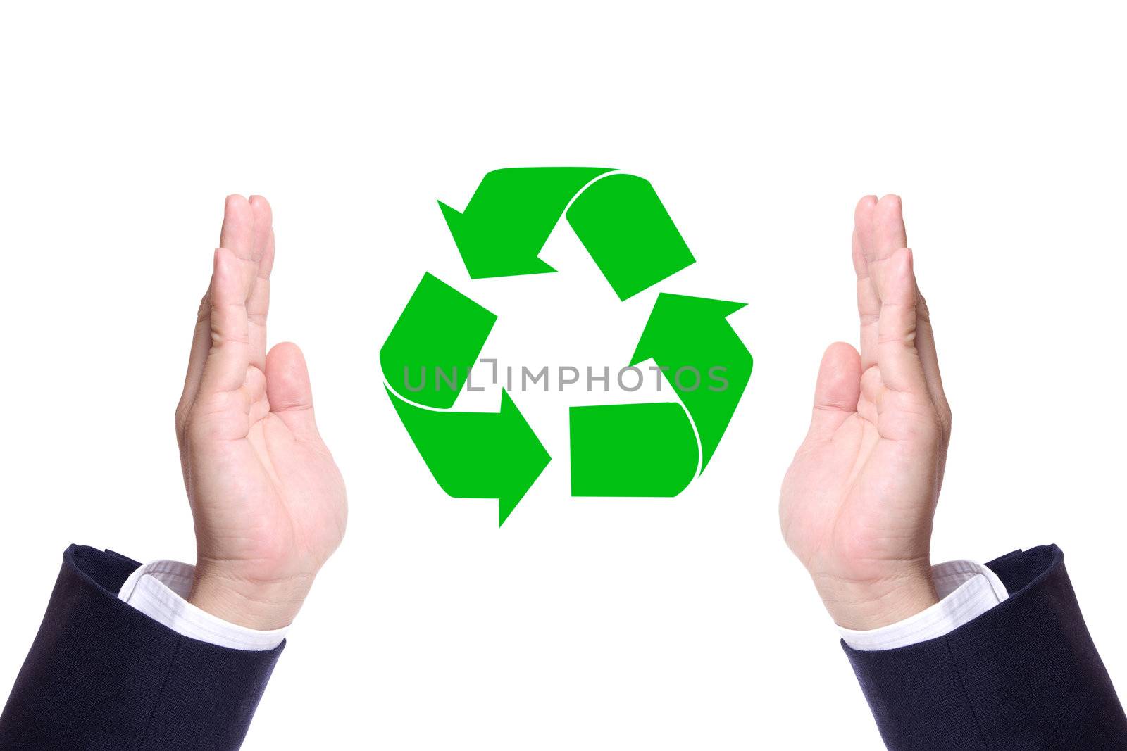 business man hand and recycle sign for green world concept