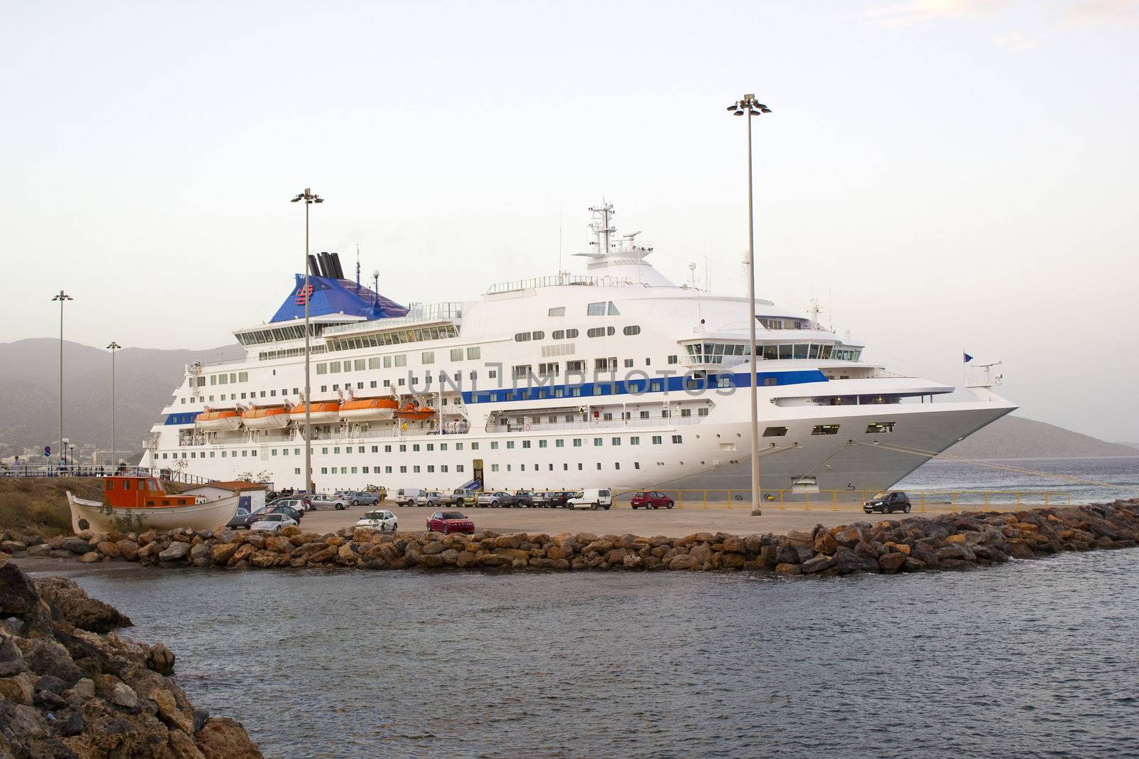 Passenger cruise ship at port in Agios Nikolaos, Crete