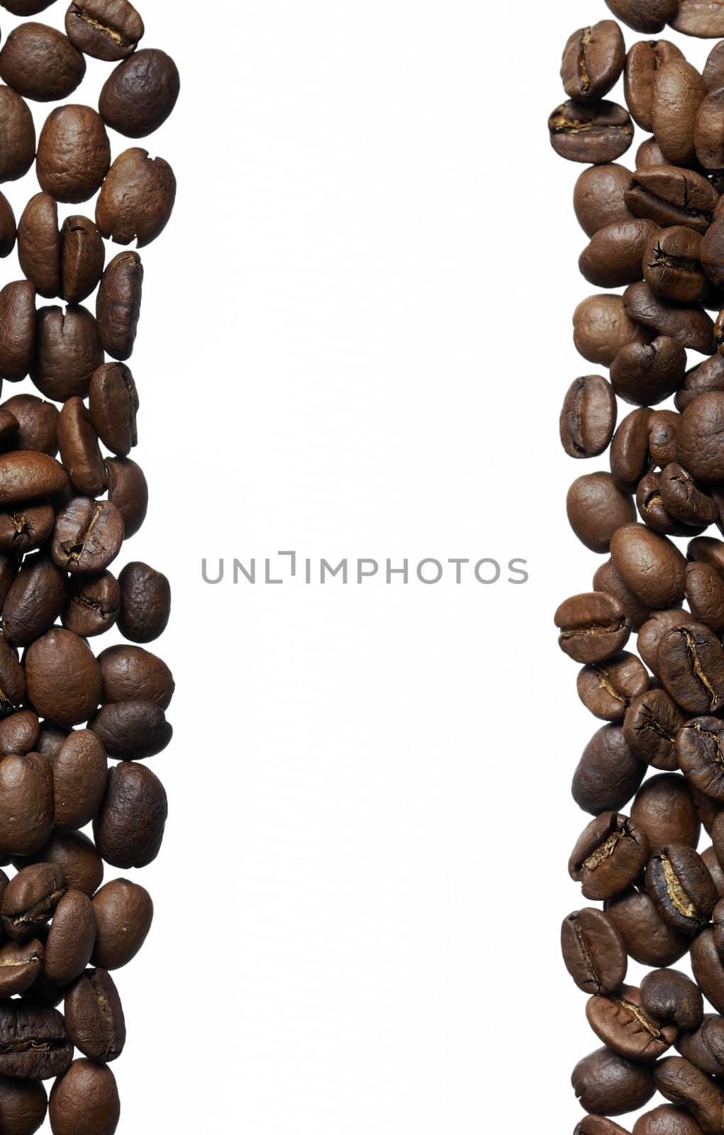 Frame on white background. Focus on coffee beans.