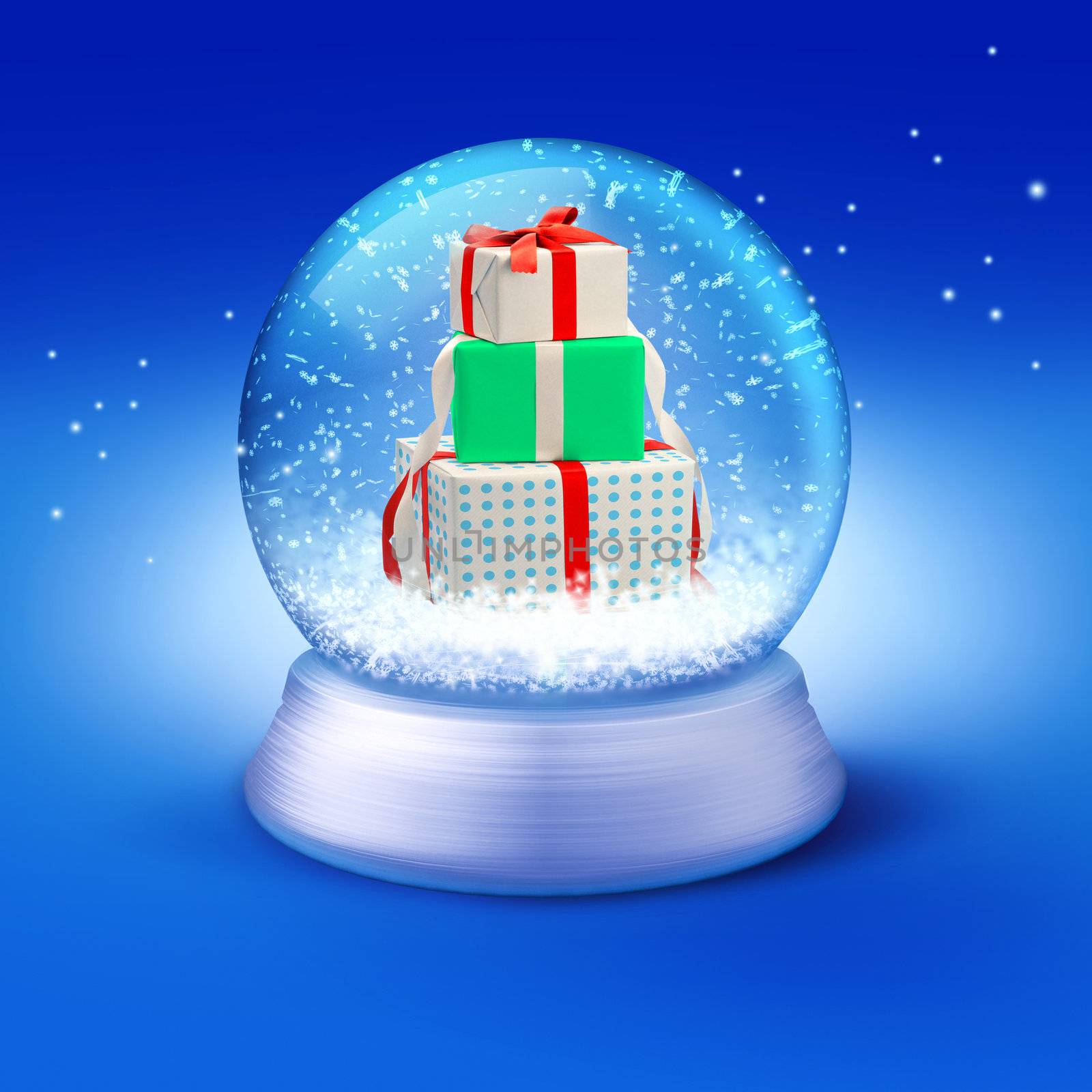 Realistic illustration of snow-dome with gifts against a blue background