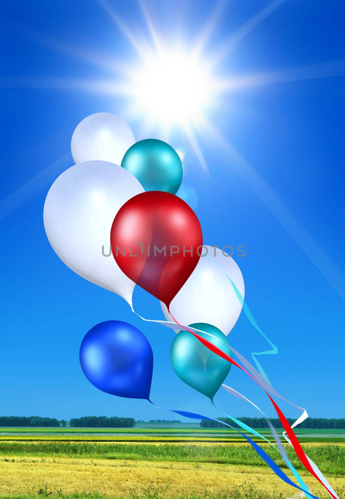 toy balloons soaring in the blue sky under shining sun