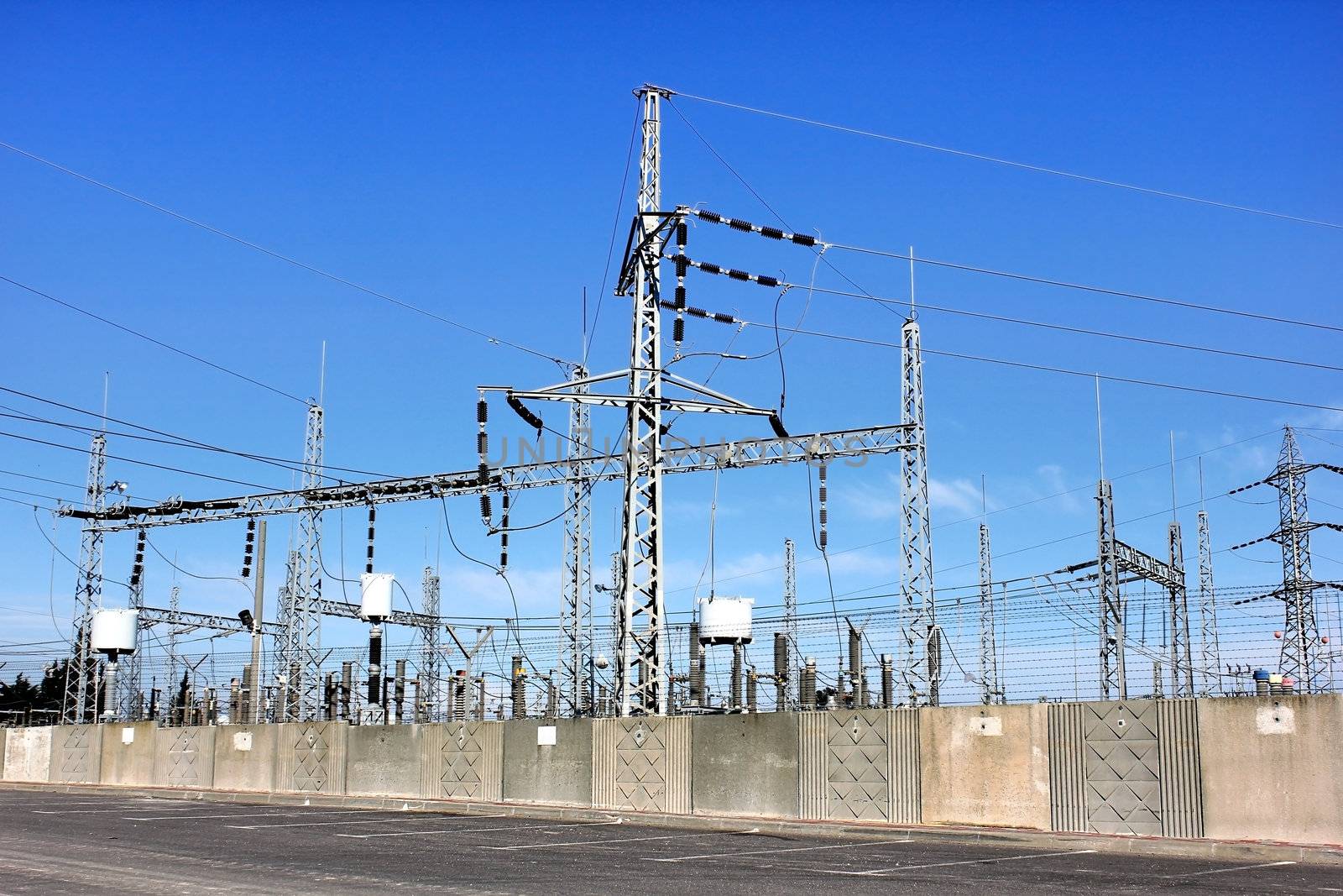 Electrical power transformer in high voltage substation.