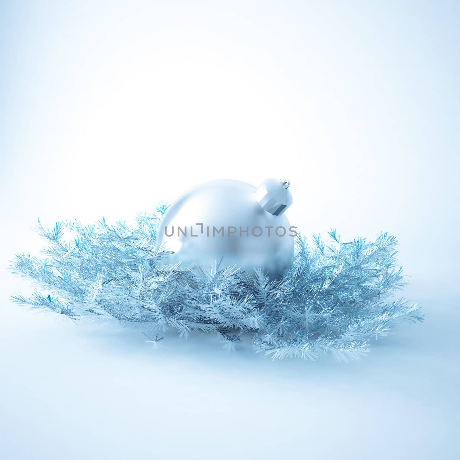 Christmas ball of gentle blue color in an environment of a tinsels and decorations