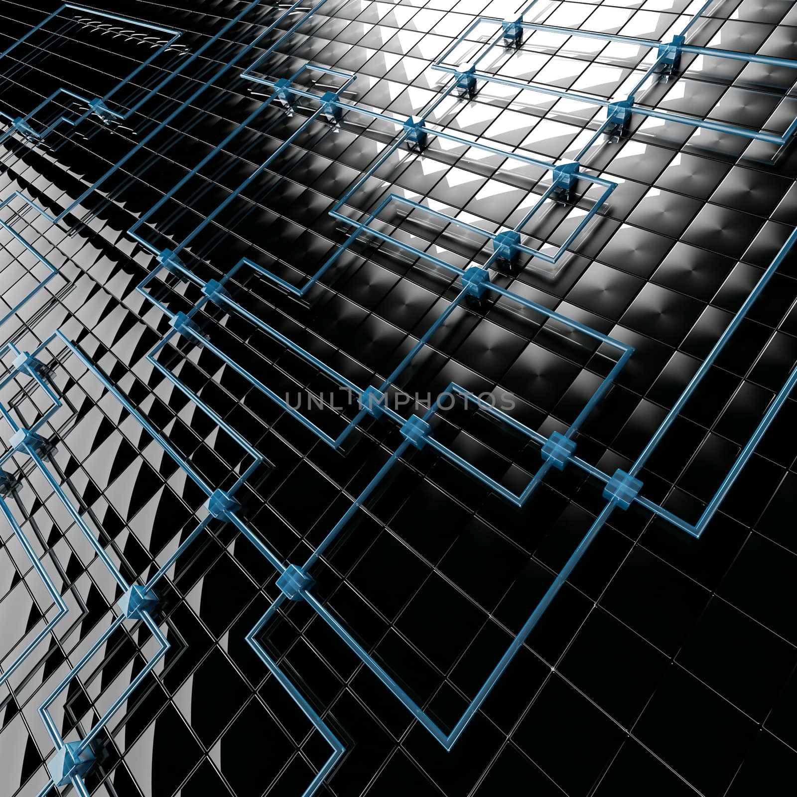 Abstract background from black metal big and blue small cubes