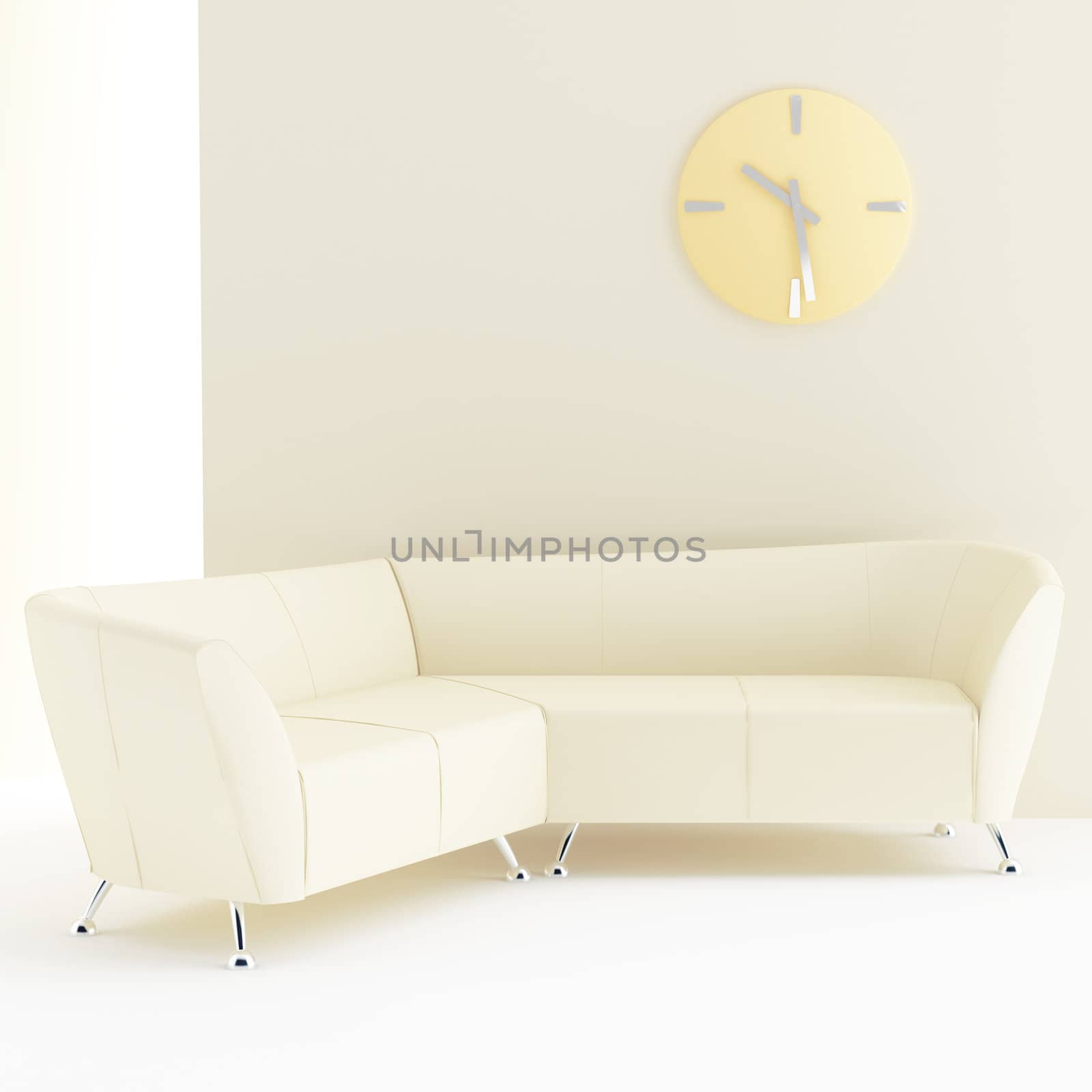 light yellow interior with sofa and clock on wall