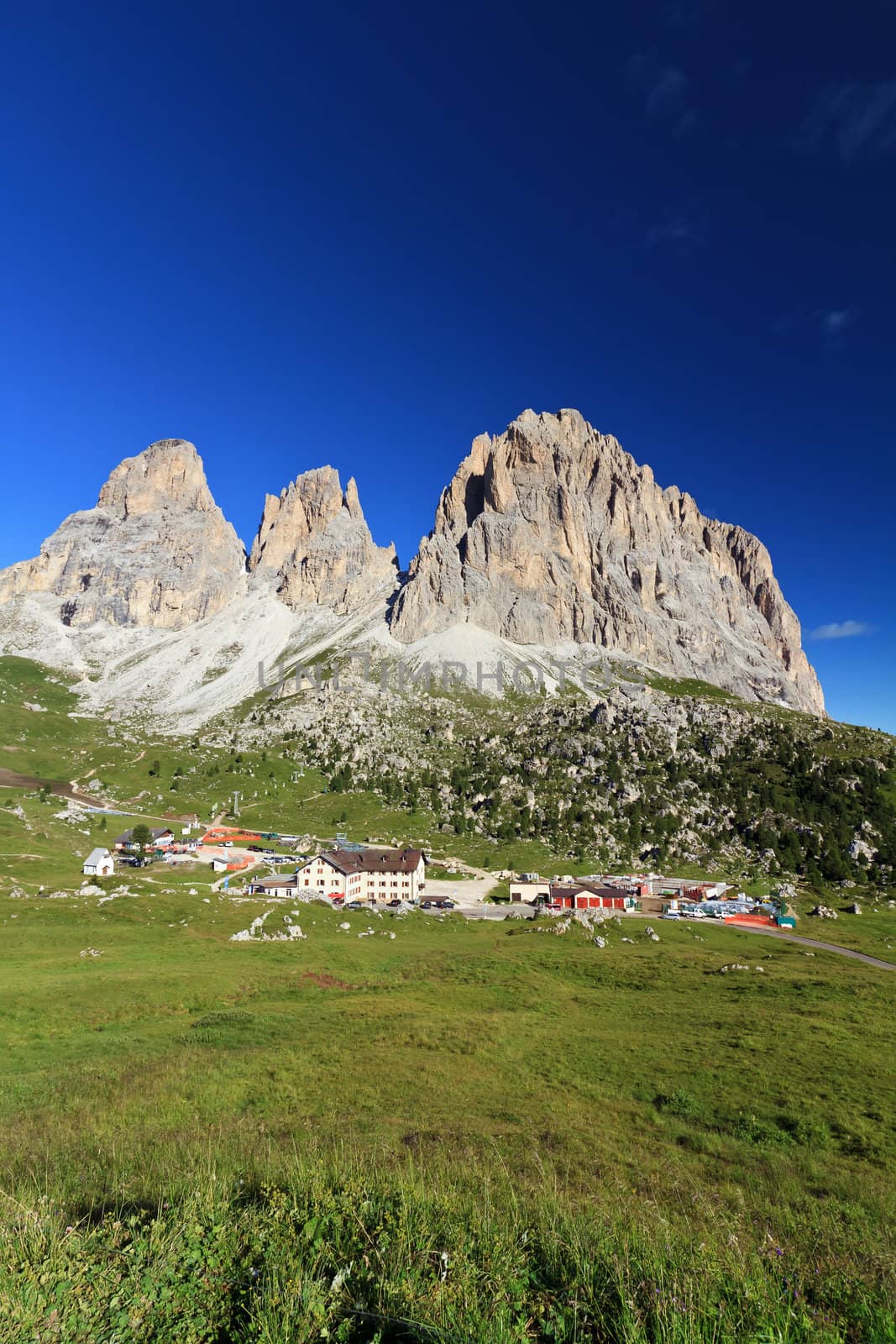 summer view of Sassolungo mountain and Sella pass, Italian Dolomites
