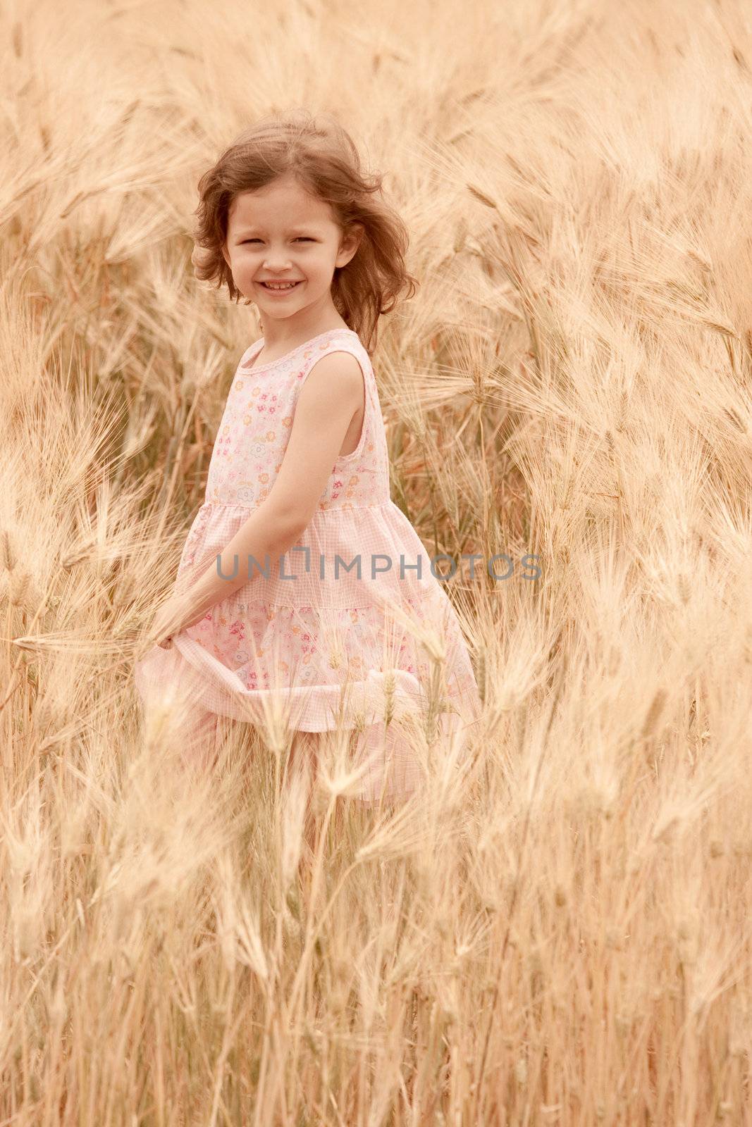 A little girl sing and dance in a field of rye