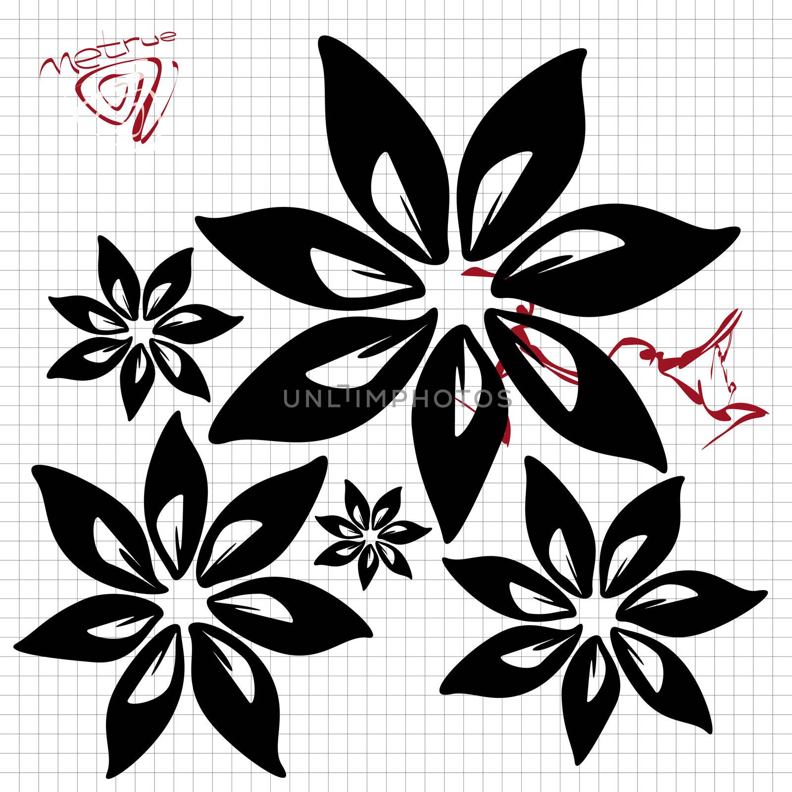 fine abstract black flowers on squared paper 