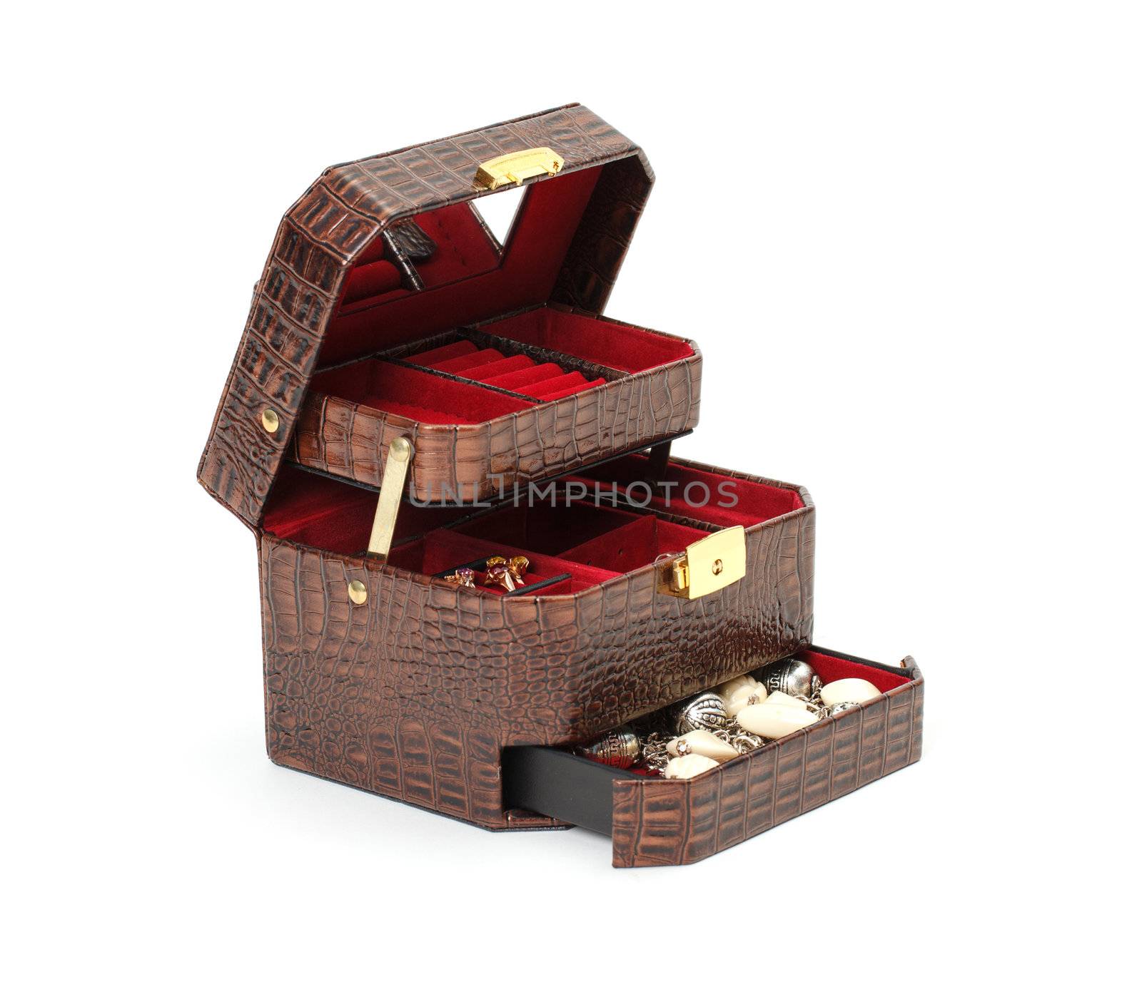 Leather box for cosmetic or jewelry on white background