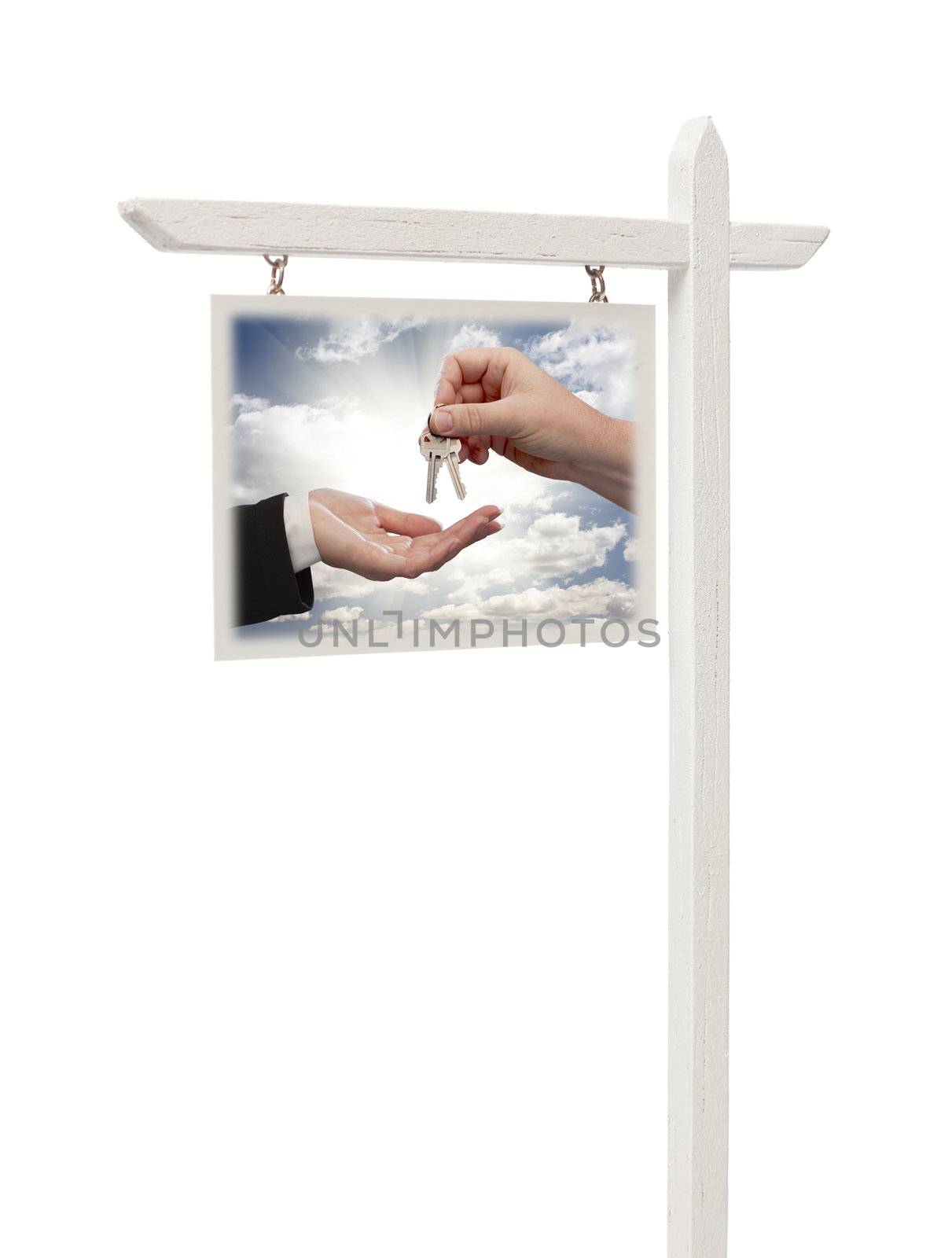 Isolated Real Estate Sign with Clipping Path - Agent Handing Over Keys.