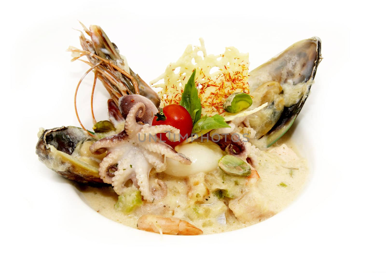 seafood salad with sauce on white plate